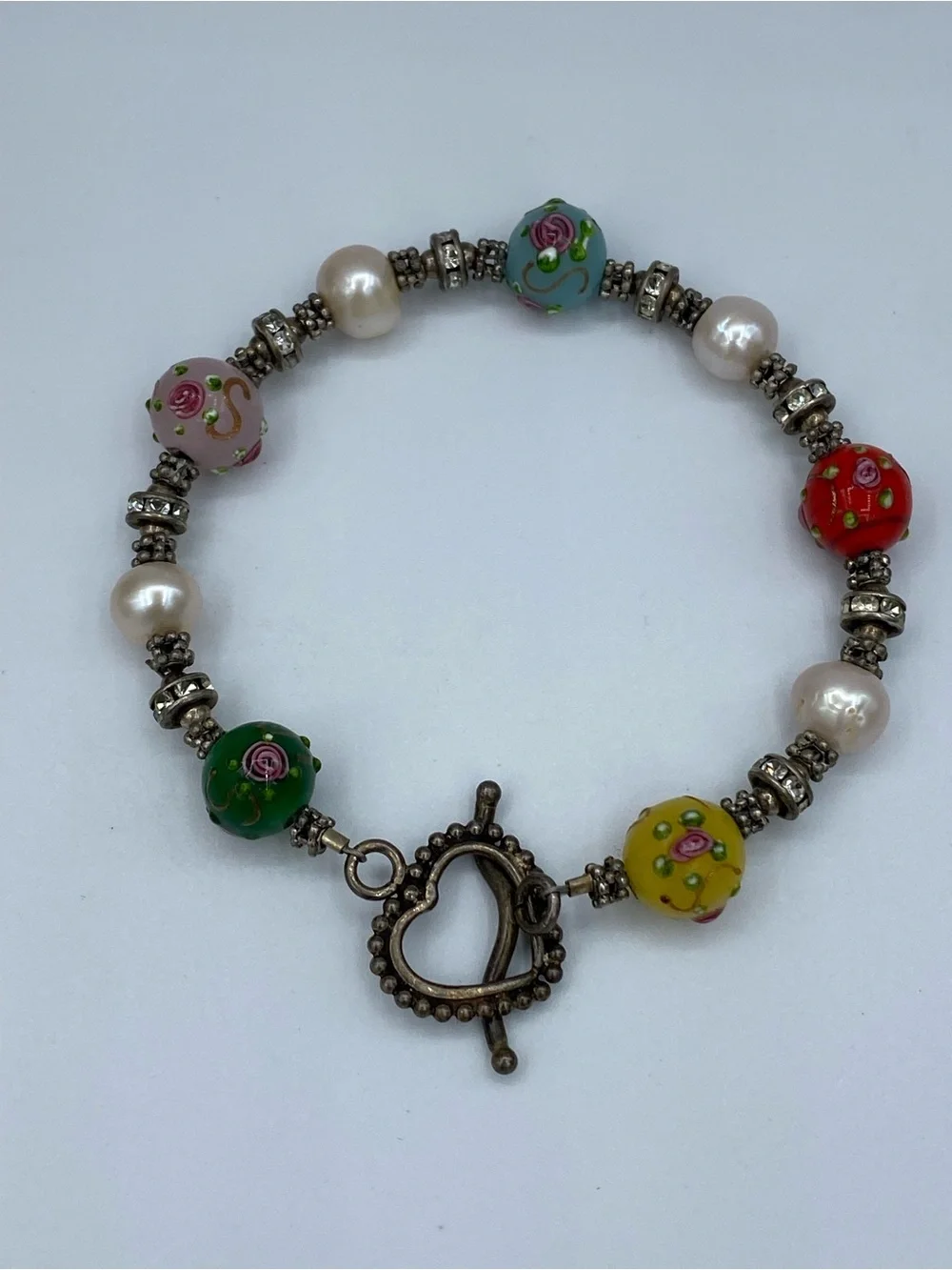 Charming Hand Painted Glass Bead, Pearl, Rhinestone Bracelet With Toggle Clasp